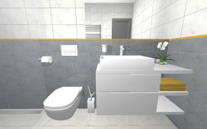 vizualizácia toalety, umývadla s odkladacím priestorom a zrkadlom